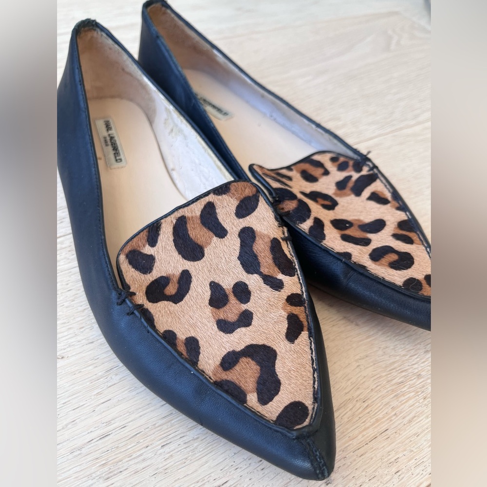 Karl Lagerfeld Leopard Print Black Leather Flats in Size 8